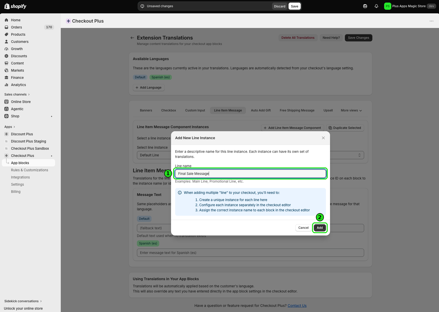 Add New Line Instance modal with Final Sale Message