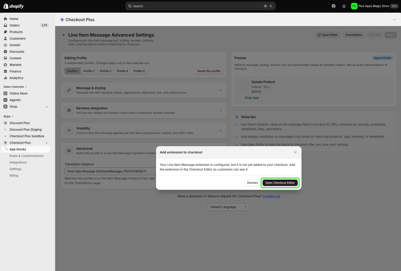 Add extension modal with Open Checkout Editor