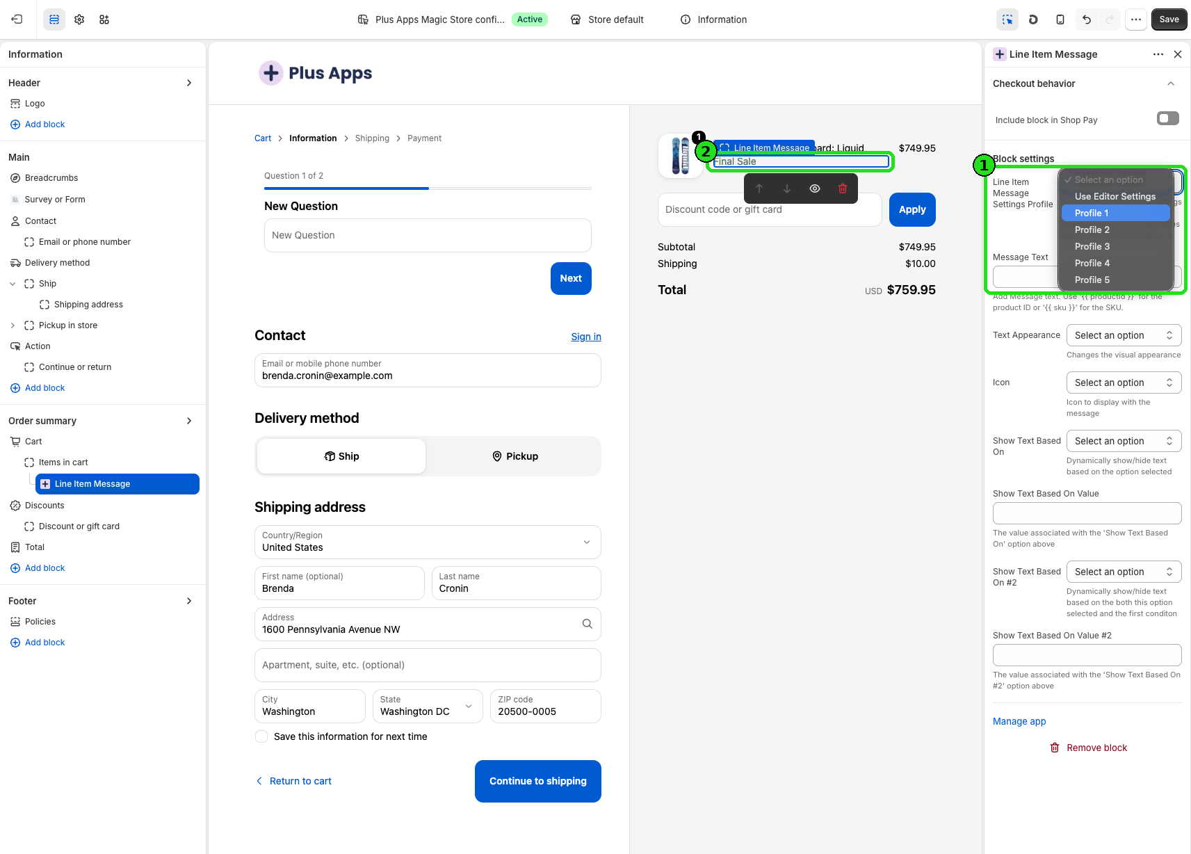 Checkout Editor Settings Profile and Final Sale preview