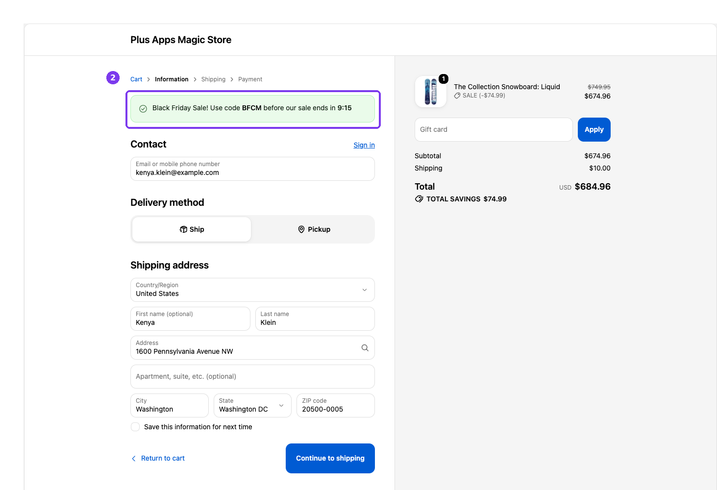 Shopify checkout preview with Black Friday countdown banner highlighted