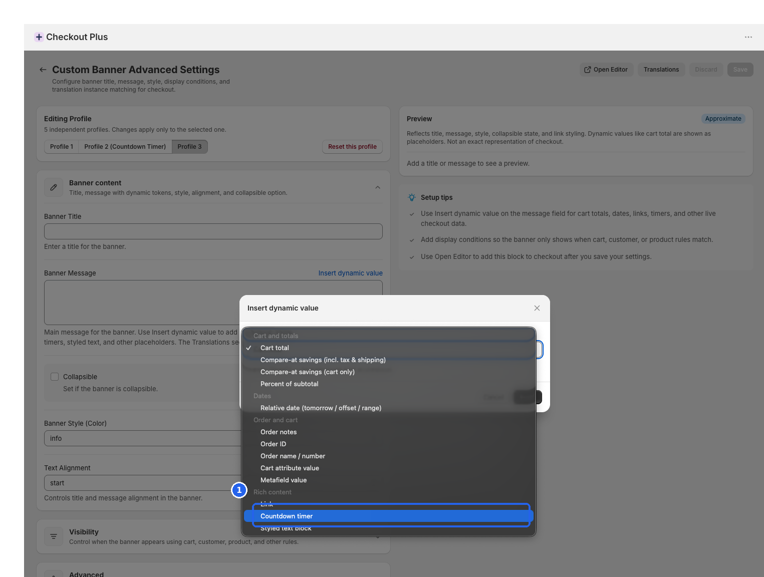 Checkout Plus Custom Banner settings with Countdown timer dynamic value highlighted