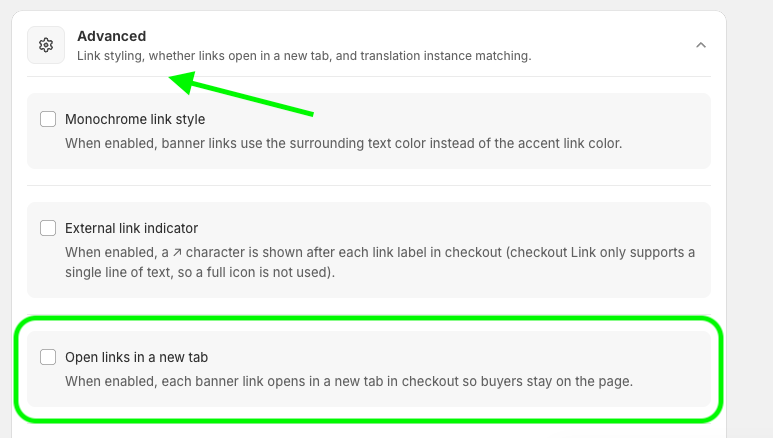 Checkout Plus Custom Banner Advanced settings with Open links in a new tab highlighted