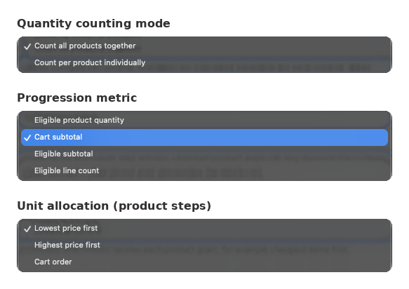 Discount Plus Quantity counting mode, Progression metric and Unit allocation dropdowns with their options