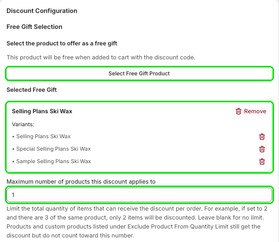 Free Gift Selection settings highlighted