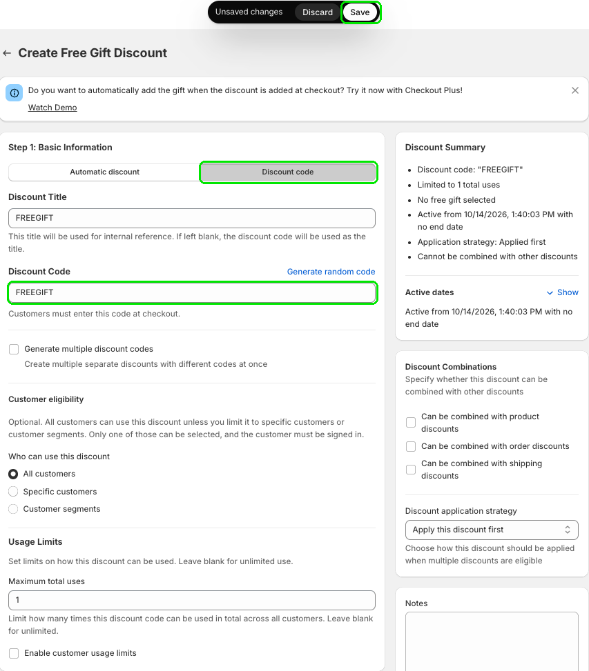 Create Free Gift Discount with Discount code tab and code field highlighted