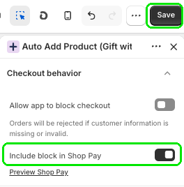 Include block in Shop Pay and Save highlighted