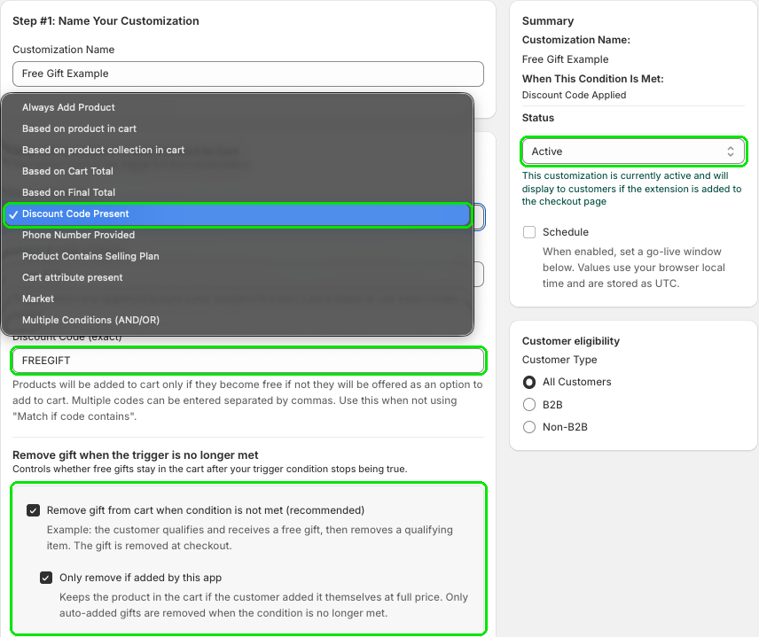 Discount Code Present condition and code field highlighted