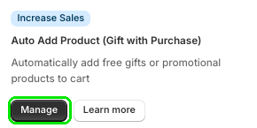Auto Add Product (Gift with Purchase) Manage button highlighted