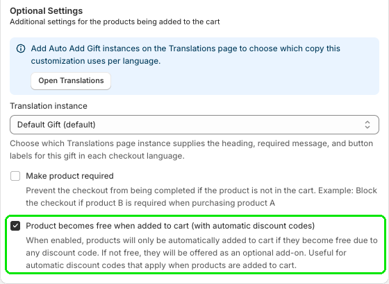 Product becomes free when added to cart setting checked