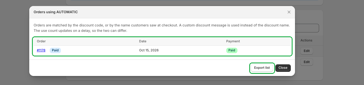 Discount Plus Orders using AUTOMATIC window with the orders table and Export list button highlighted