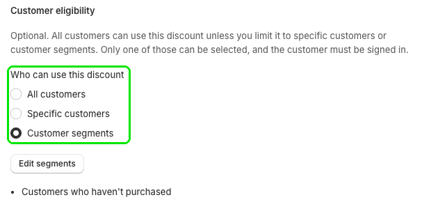 Customer eligibility options highlighted