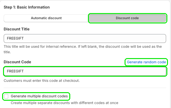 Step 1: Basic Information with the Discount code tab, Discount Code, Generate random code, and Generate multiple discount codes highlighted
