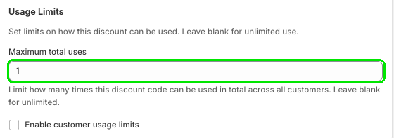 Usage Limits with Maximum total uses highlighted