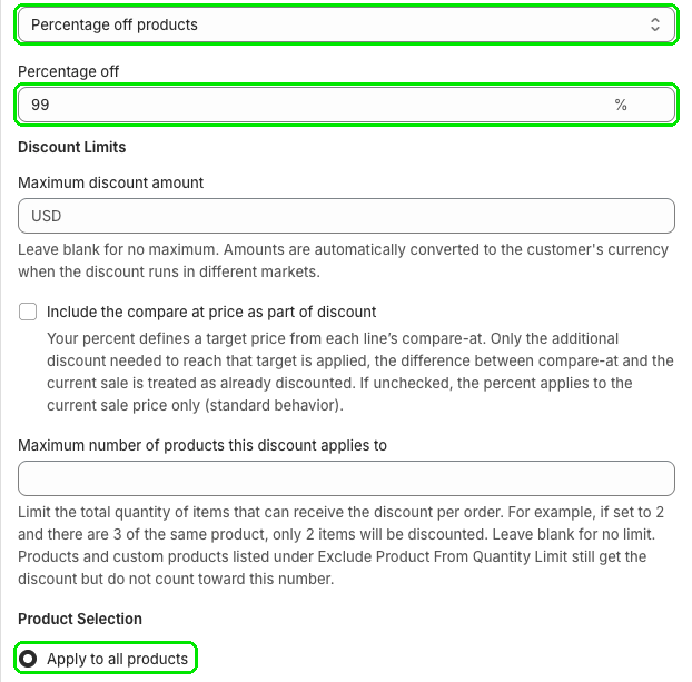 Discount type, Percentage off, and Apply to all products highlighted