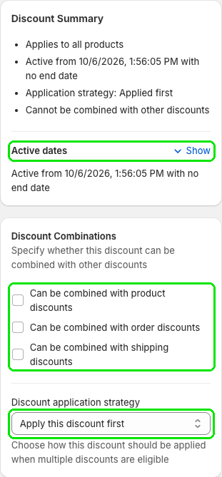 Active dates, Discount Combinations, and Discount application strategy highlighted