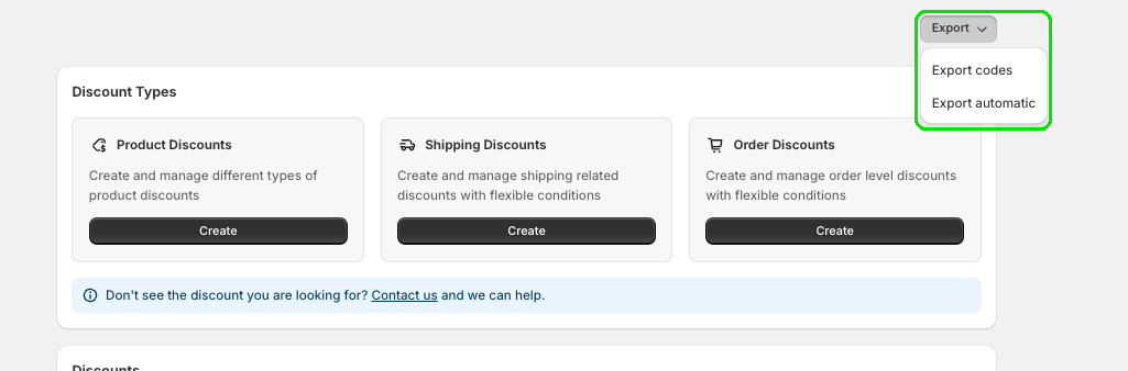 Discount Plus home with the Export menu open, showing Export codes and Export automatic
