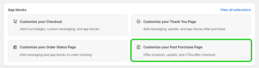 Checkout Plus App blocks with Customize your Post Purchase Page highlighted