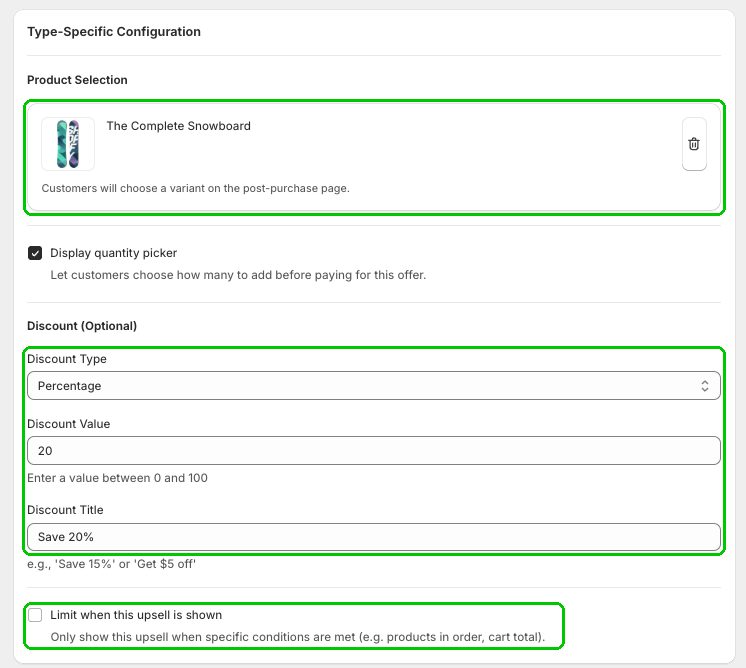 Product Selection, the Discount (Optional) fields, and Limit when this upsell is shown highlighted