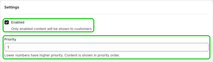 Settings with Enabled checked and Priority set to 1 highlighted