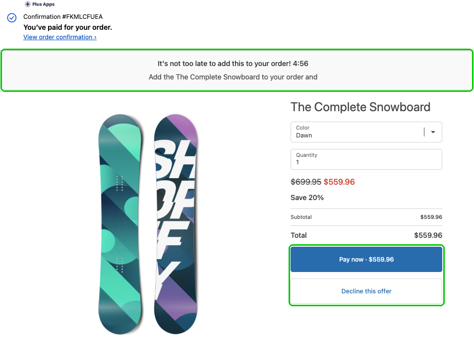 Shopper post-purchase page with the countdown banner and the Pay now and Decline this offer buttons highlighted
