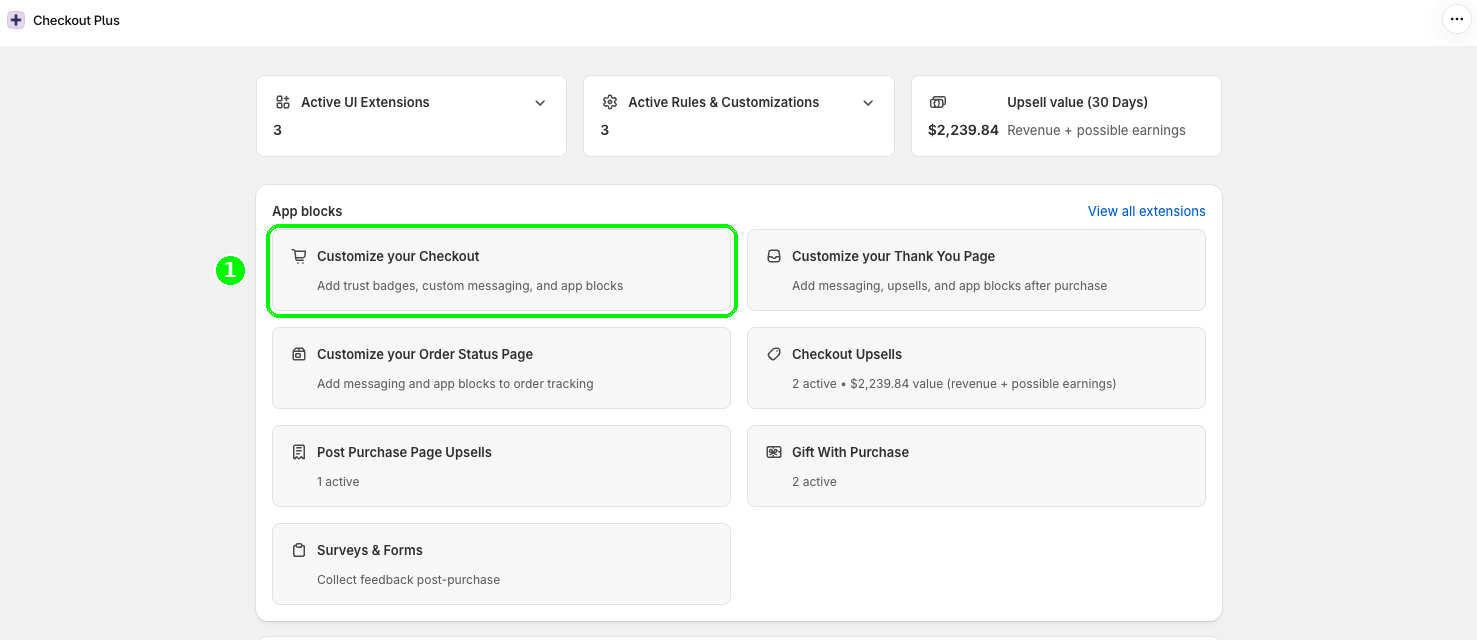Checkout Plus home with Customize your Checkout highlighted under App blocks