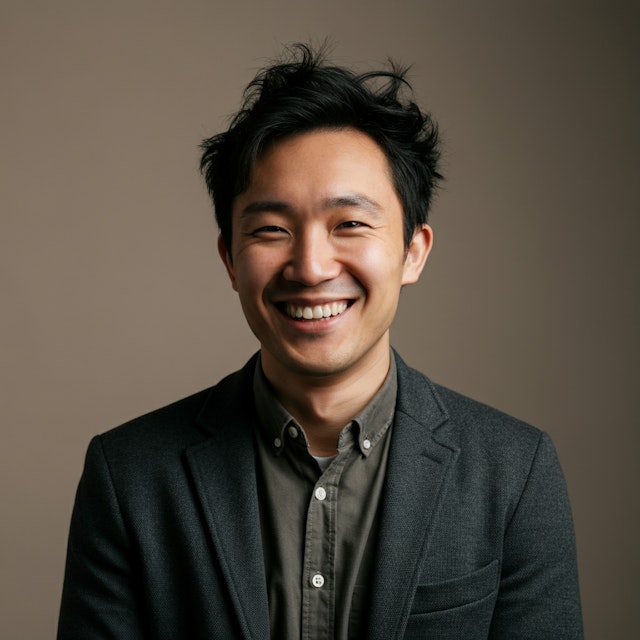 Smiling Asian man with dark hair wearing a gray blazer and buttoned shirt against a plain brown background.