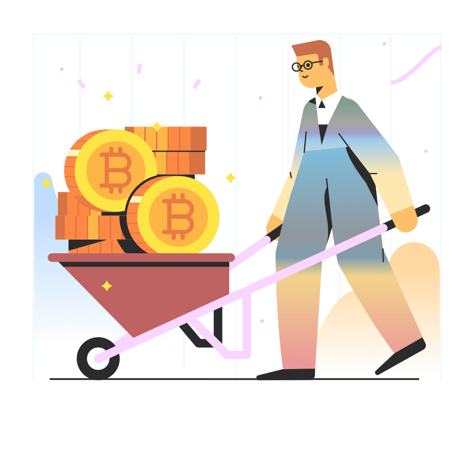 Person pushing a wheelbarrow full of stacked Bitcoin coins.