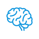 Blue line drawing of a brain inside a white circle background.