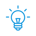 Blue light bulb icon with rays symbolizing an idea or innovation on white background.
