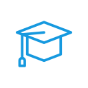Blue academic mortarboard graduation cap icon with tassel inside a white circle.