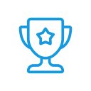 Blue trophy cup icon with a star in the center on a white circular background.