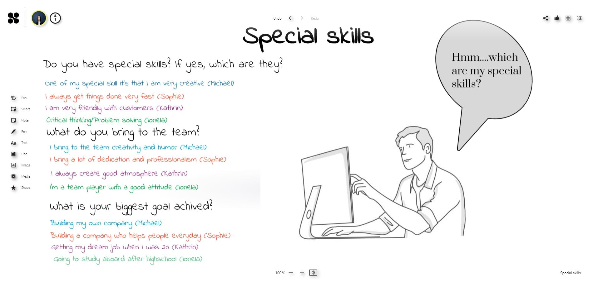 Ice breaker on the online whiteboard: Special skills