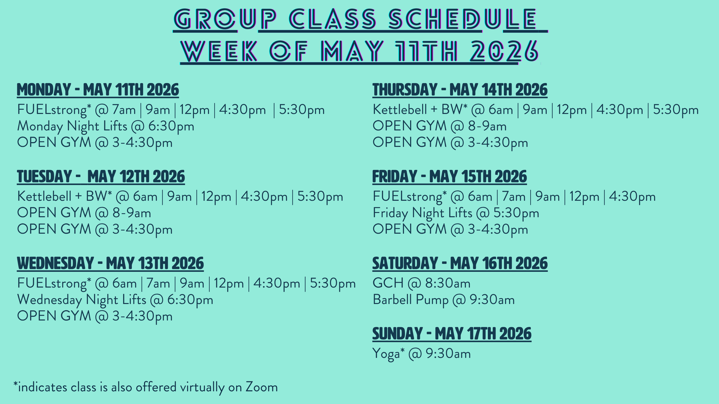 Group Class Schedule + Programming: Week of 05/11/26