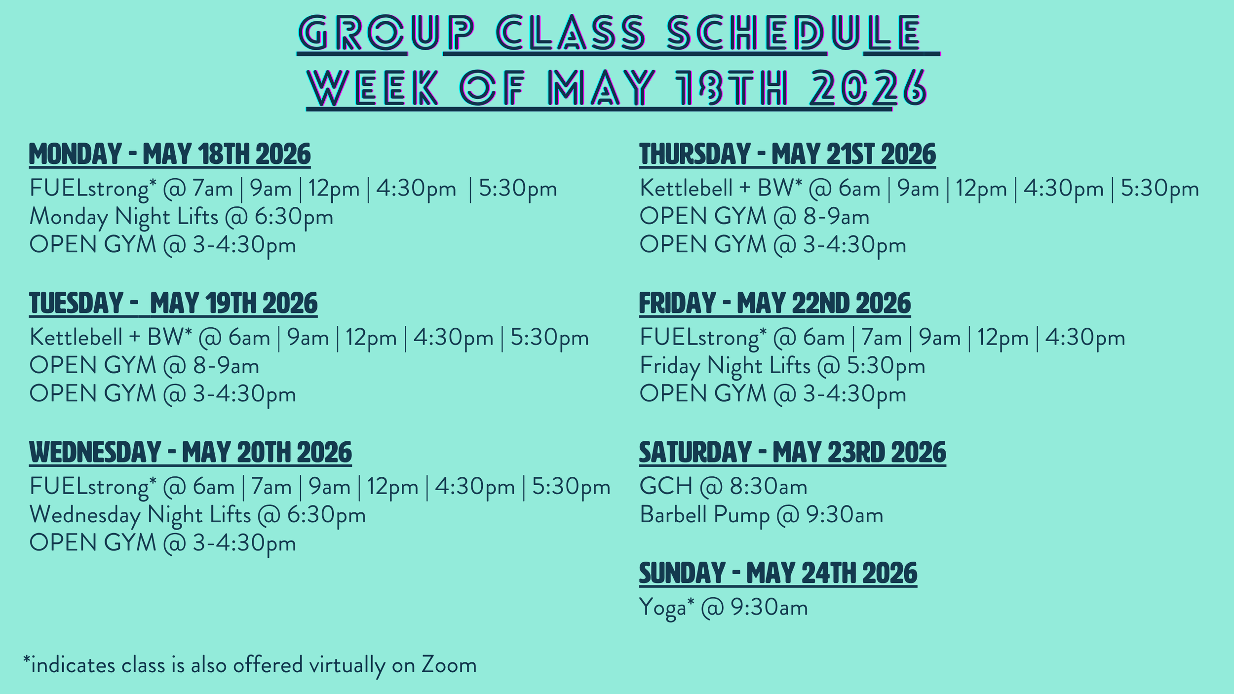 Group Class Schedule + Programming: Week of 05/18/26