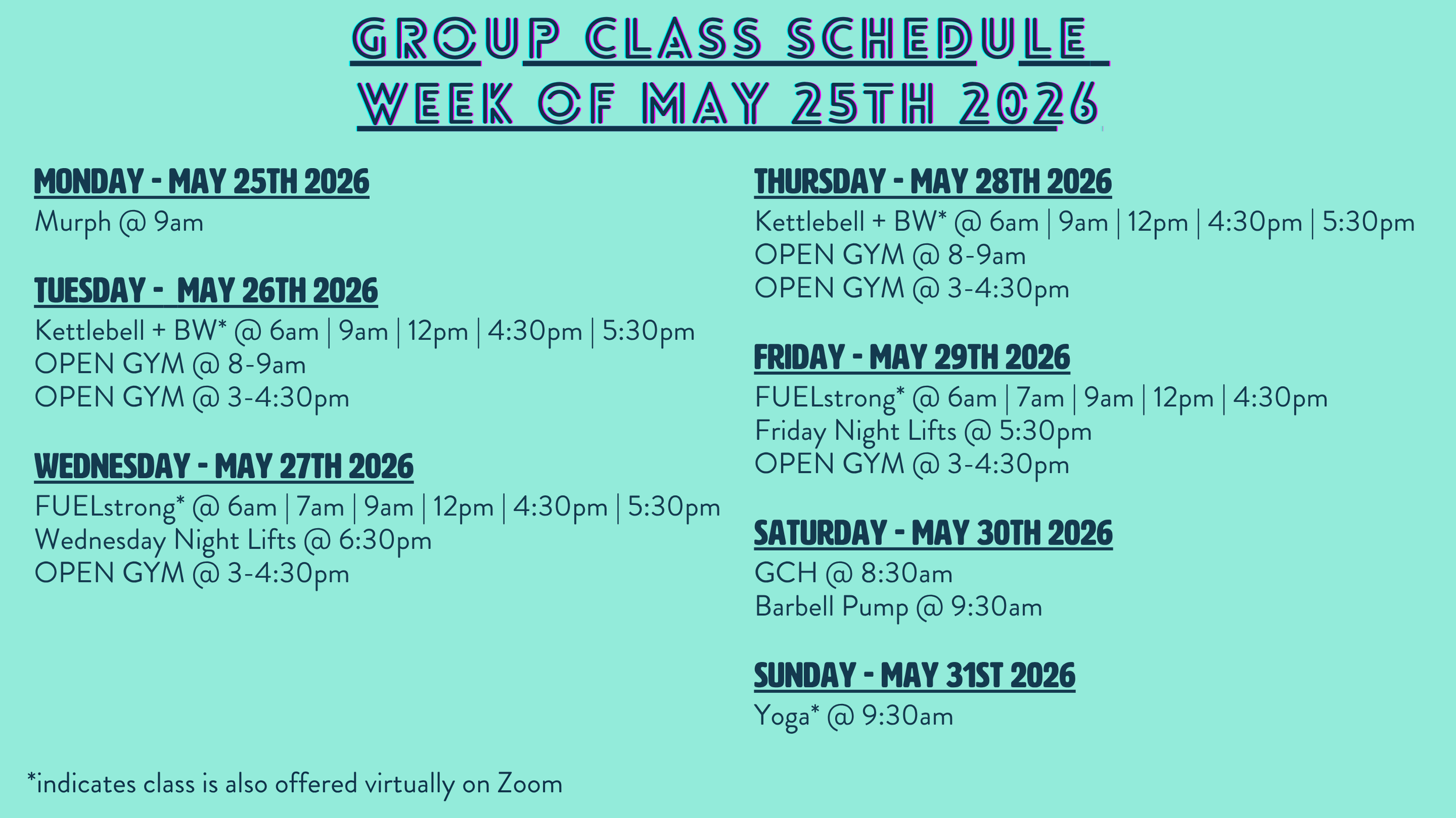 Group Class Schedule + Programming: Week of 05/25/26