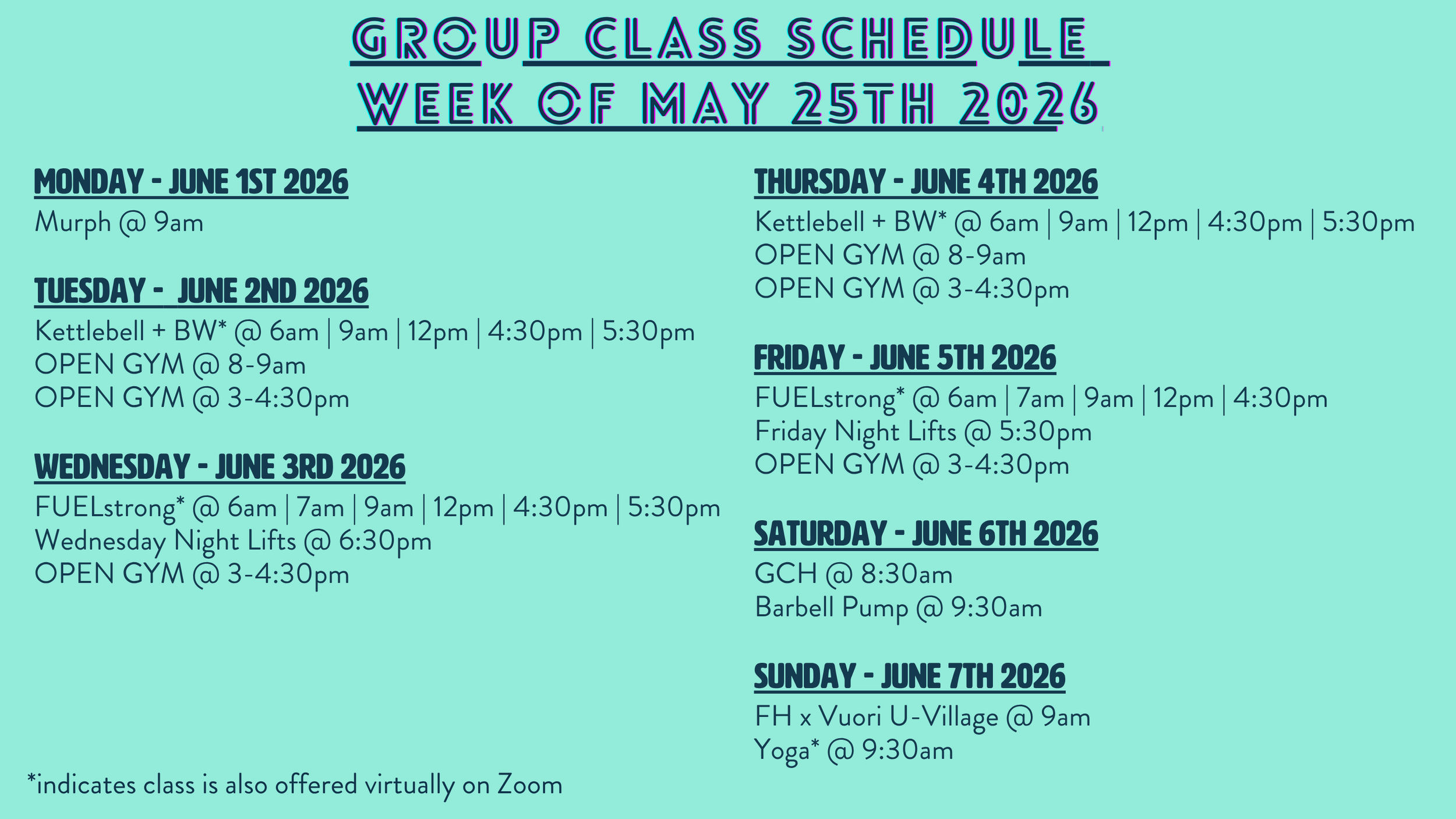 Group Class Schedule + Programming: Week of 06/01/26