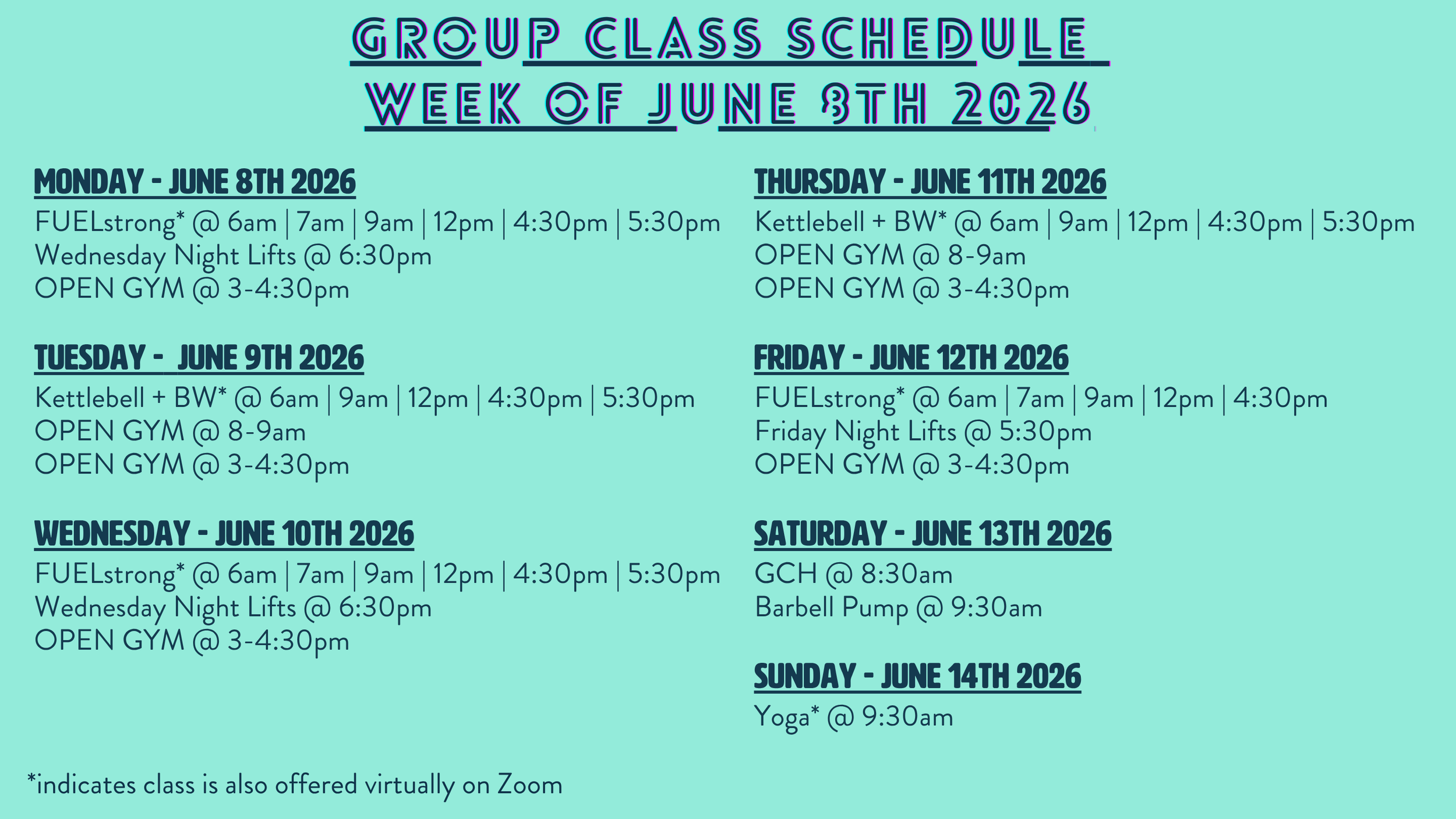 Group Class Schedule + Programming: Week of 06/08/26