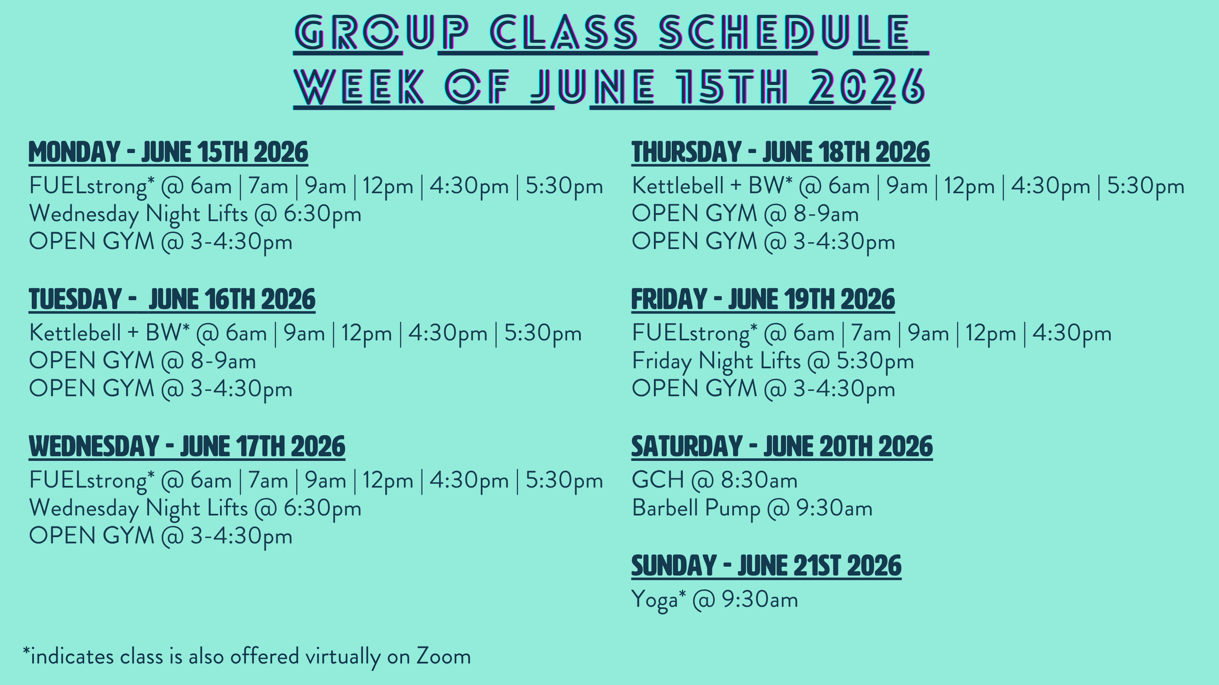 Group Class Schedule + Programming: Week of 06/15/26