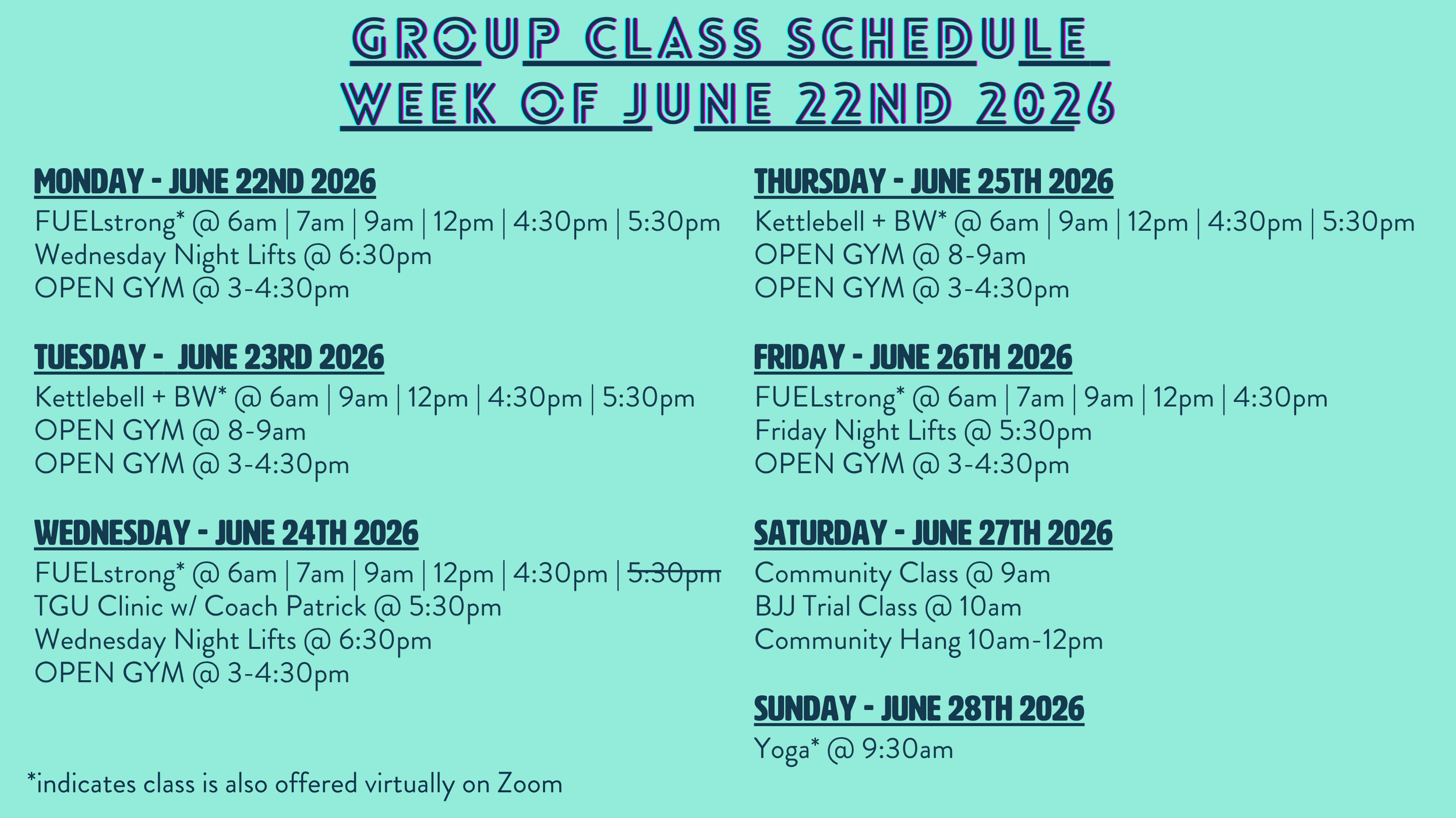 Group Class Schedule + Programming: Week of 06/22/26