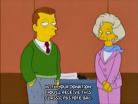 Simpsons standing and giving totes to customers. Elevate your branding game with sustainability gifts.