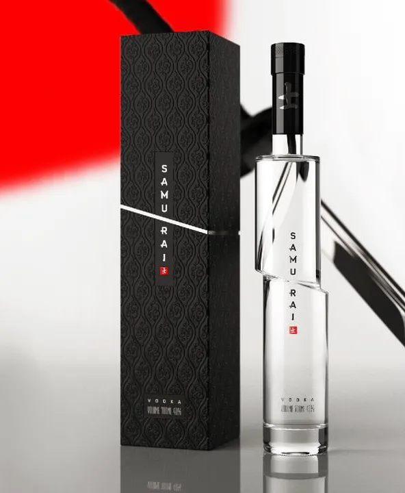 Samurai Vodka, 25 Amazing Bottle Packaging Design examples, packaging design, packaging design inspiration, design inspiration, cool bottles, vodka bottles, spirits bottles, gin bottle design, vodka bottle design, best bottle designs, product design, graphic design, t shirt printing UK, screen printing UK, screen printing onto bottles, how to create a cool bottle label, Printsome blog, russian bottle designs
