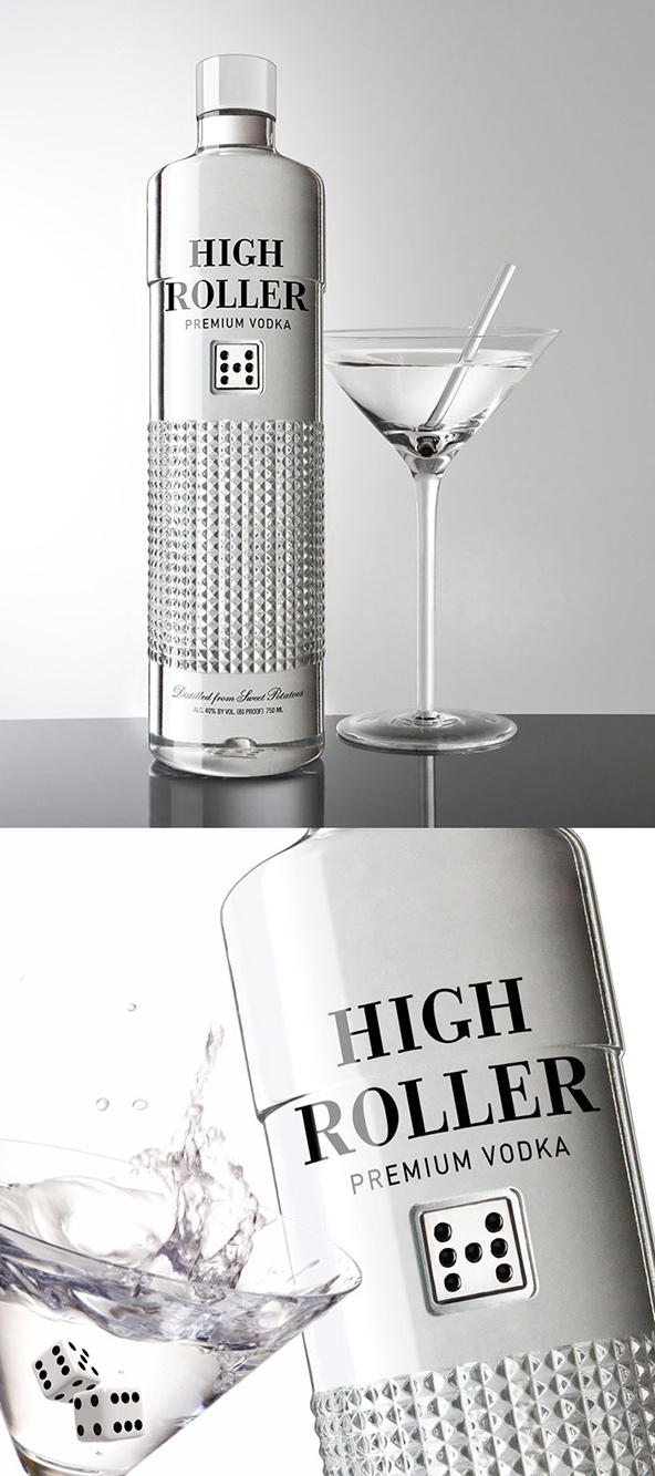 High Roller Premium vodka, 25 Amazing Bottle Packaging Design examples, packaging design, packaging design inspiration, design inspiration, cool bottles, vodka bottles, spirits bottles, gin bottle design, vodka bottle design, best bottle designs, product design, graphic design, t shirt printing UK, screen printing UK, screen printing onto bottles, how to create a cool bottle label, Printsome blog, russian bottle designs