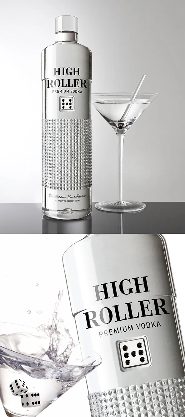 High Roller Premium vodka, 25 Amazing Bottle Packaging Design examples, packaging design, packaging design inspiration, design inspiration, cool bottles, vodka bottles, spirits bottles, gin bottle design, vodka bottle design, best bottle designs, product design, graphic design, t shirt printing UK, screen printing UK, screen printing onto bottles, how to create a cool bottle label, Printsome blog, russian bottle designs