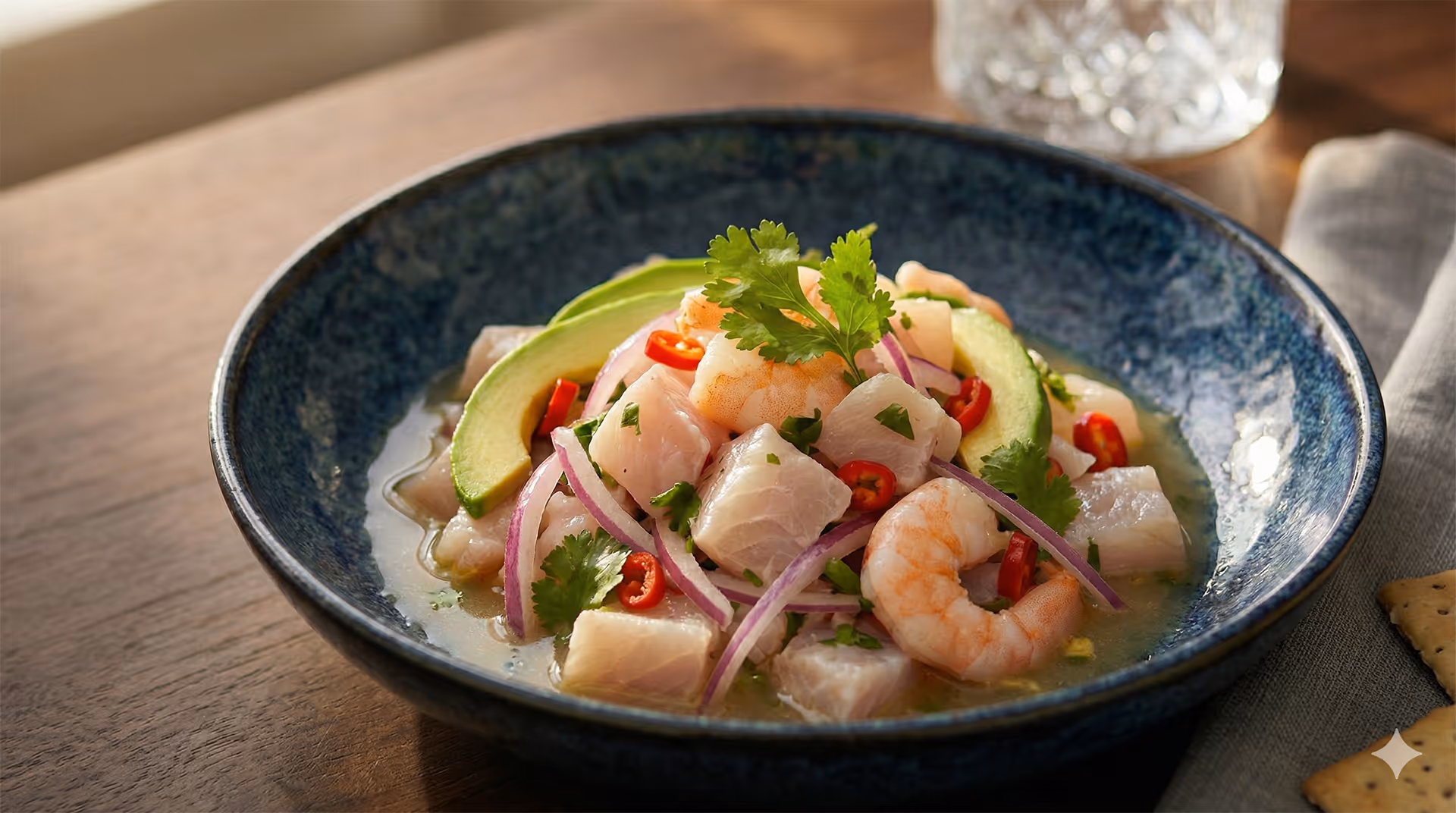 Blue bowl of ceviche with shrimp, diced white fish, red onion, red chili slices, avocado slices, and cilantro garnish on a wooden table.