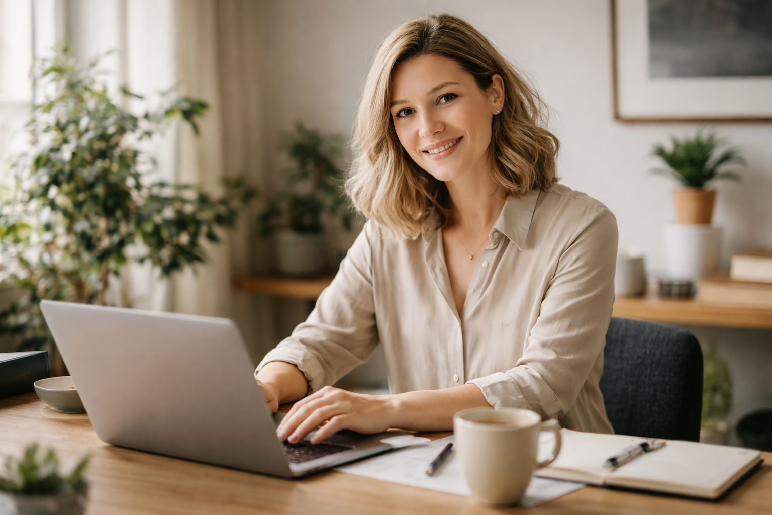Smiling woman with blonde hair typing on a laptop at a wooden desk with a coffee cup and notebook.