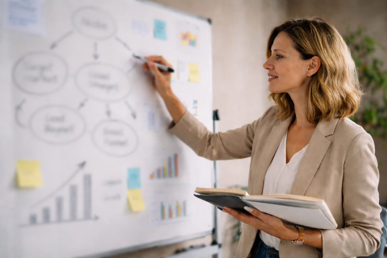 Woman in beige blazer writing on a whiteboard filled with charts and sticky notes while holding an open notebook.