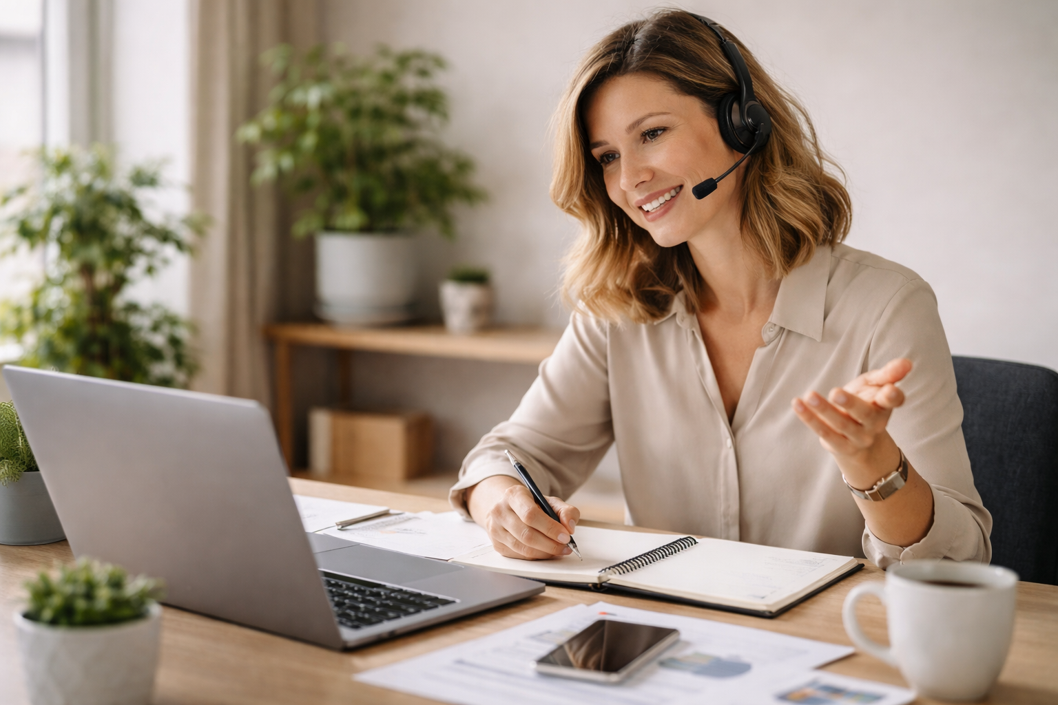 Smiling woman with headset taking notes during an online meeting at a desk with a laptop and coffee mug.