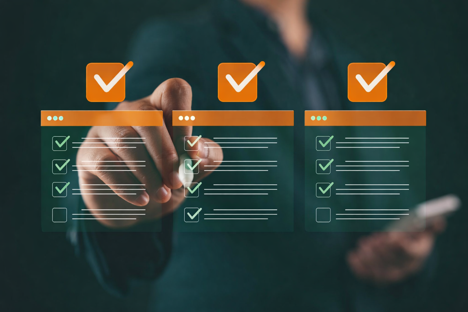 Person interacting with three translucent digital checklists, each with orange headers and mostly checked items.