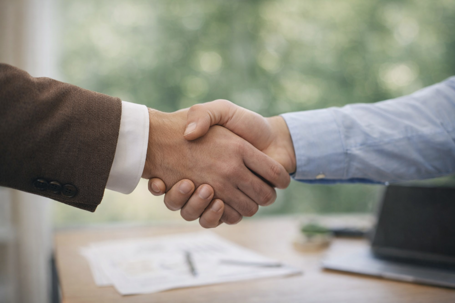 Two people shaking hands over a desk with documents and a laptop in the background.