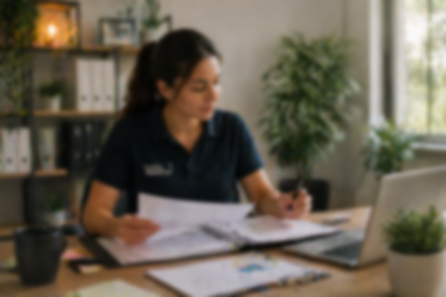 Woman working at a desk with documents and a laptop in a cozy office space with plants and shelves.